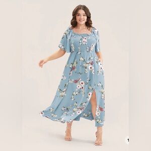 Floral Square Neck Ruffles Pocket Shirred Split Dress (Size: 12/L)